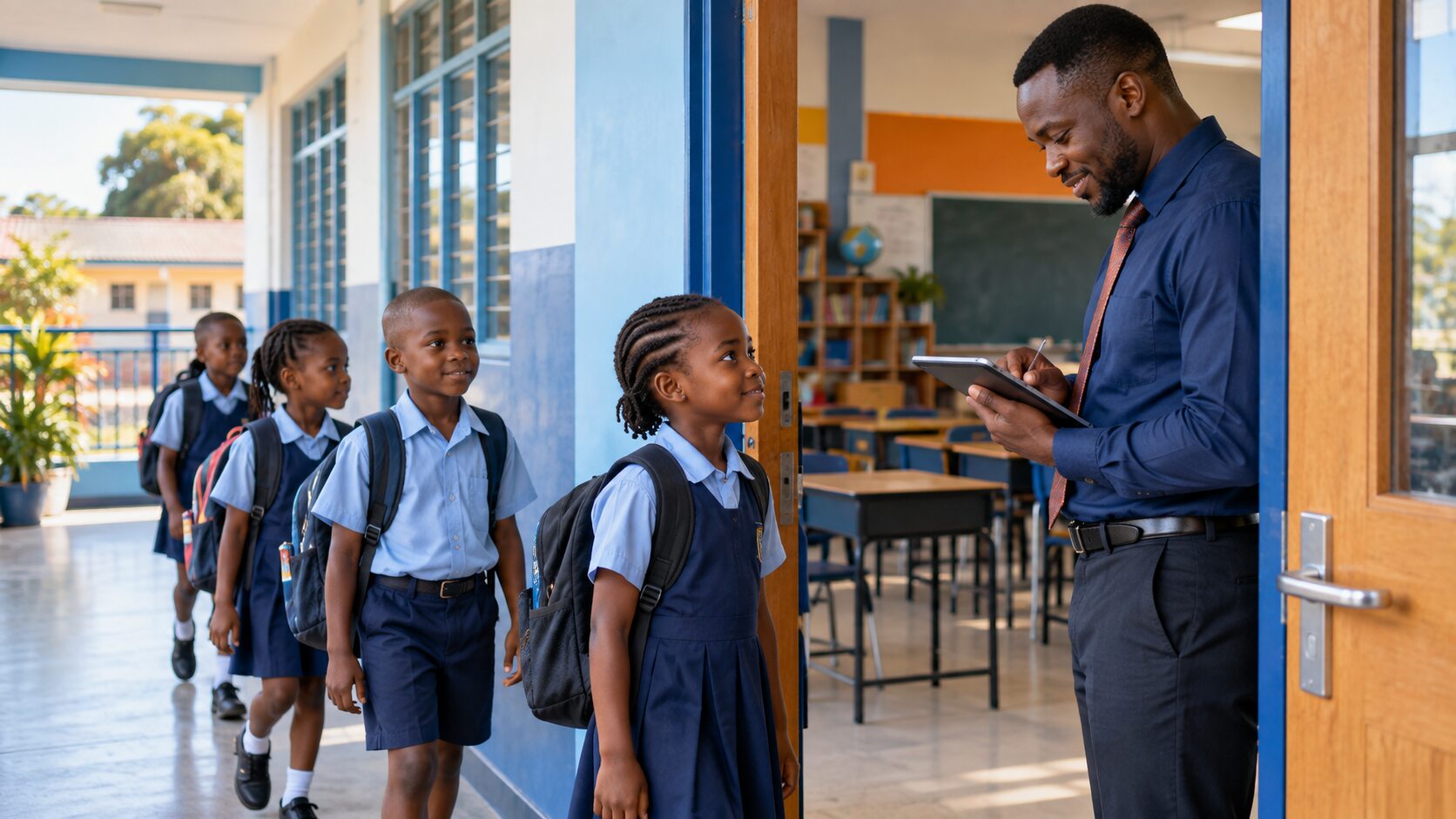 Enseignant africain enregistrant les présences sur une tablette