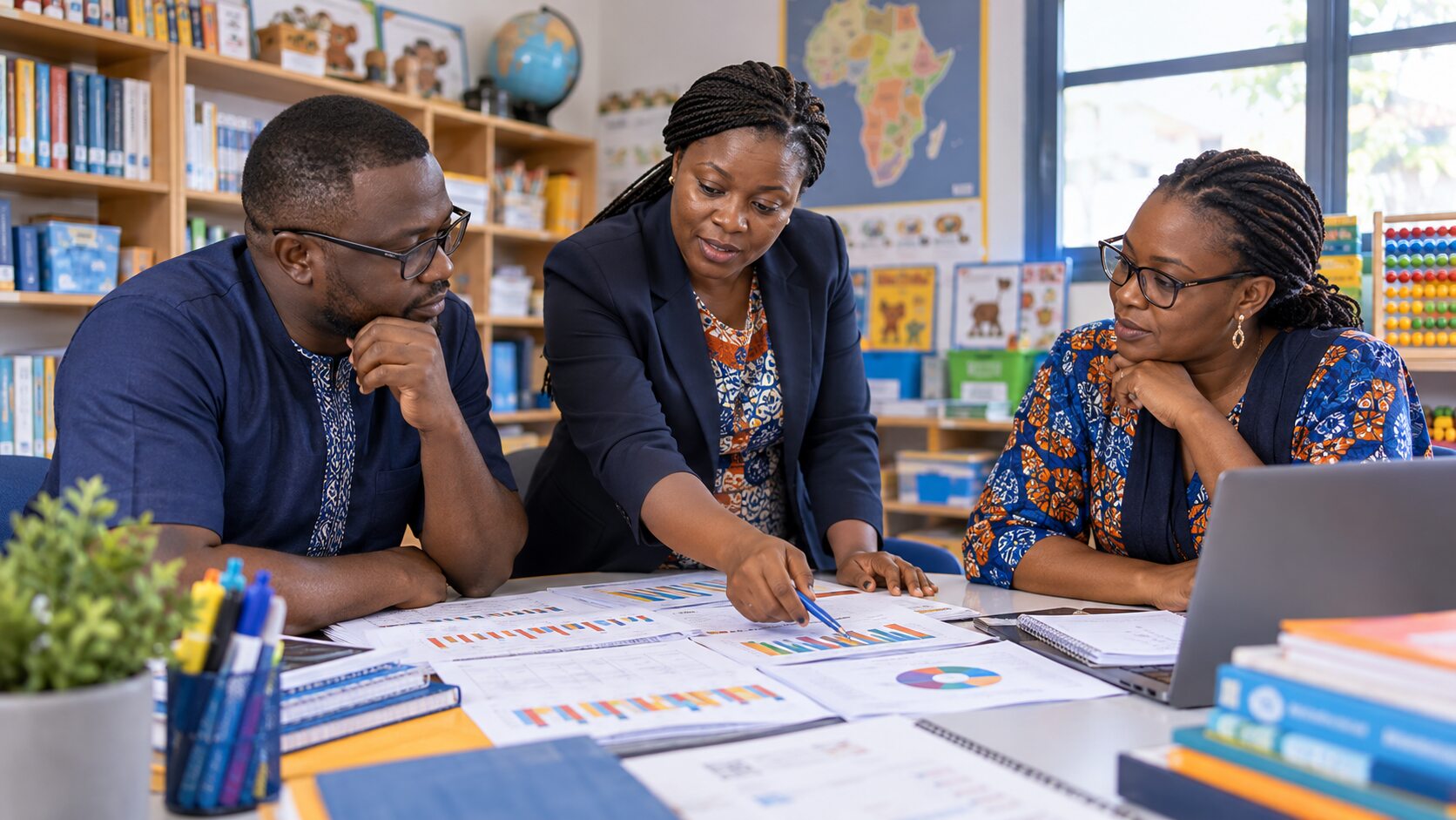 Équipe pédagogique africaine analysant la progression des élèves