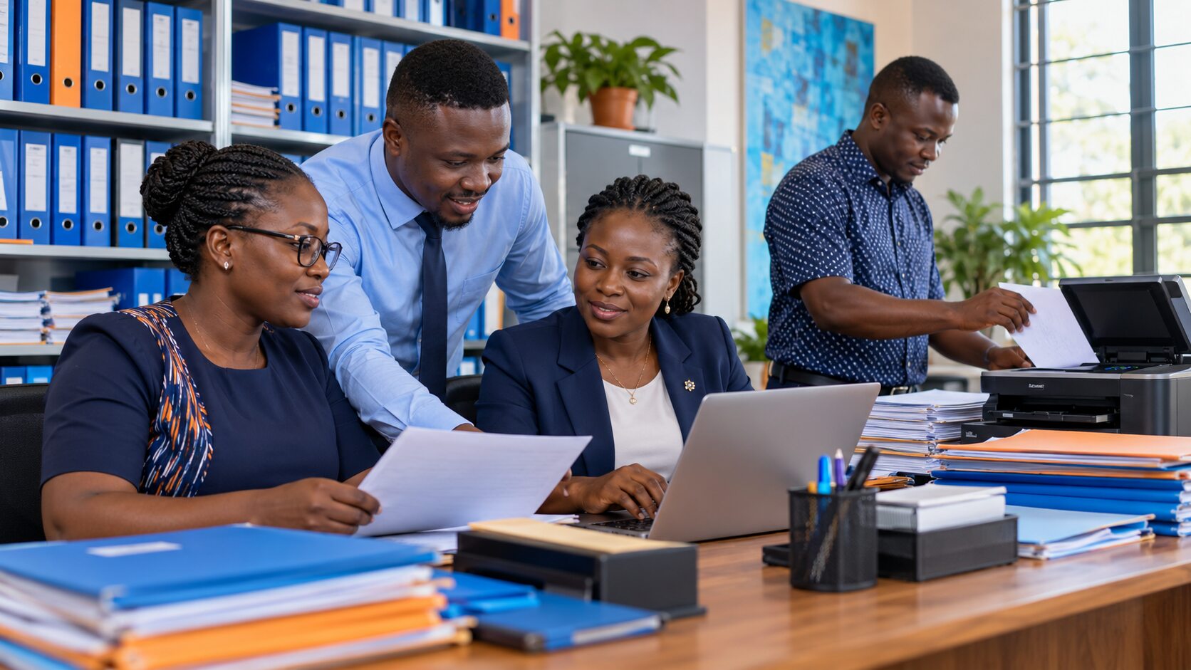 Équipe administrative africaine organisant les dossiers scolaires